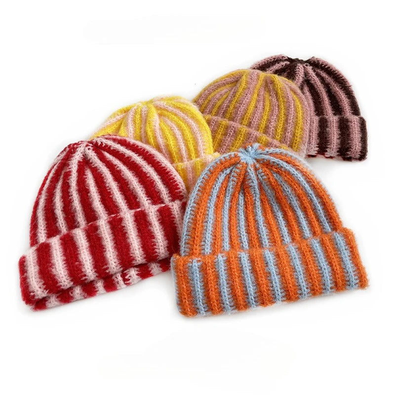 Striped Feather Yarn Beanie